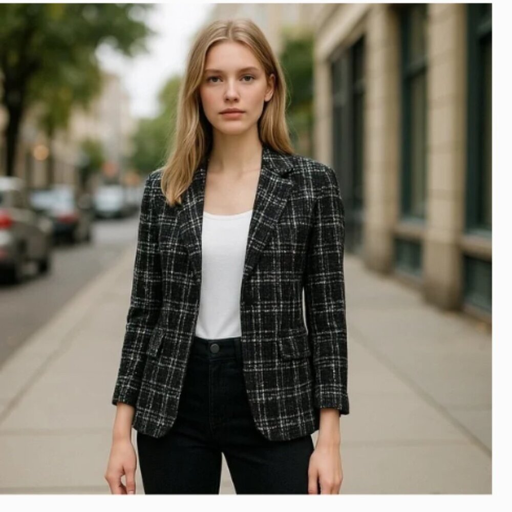 NWT Nanette Lepore Tweed Open Front Blazer In Very Black - size samall